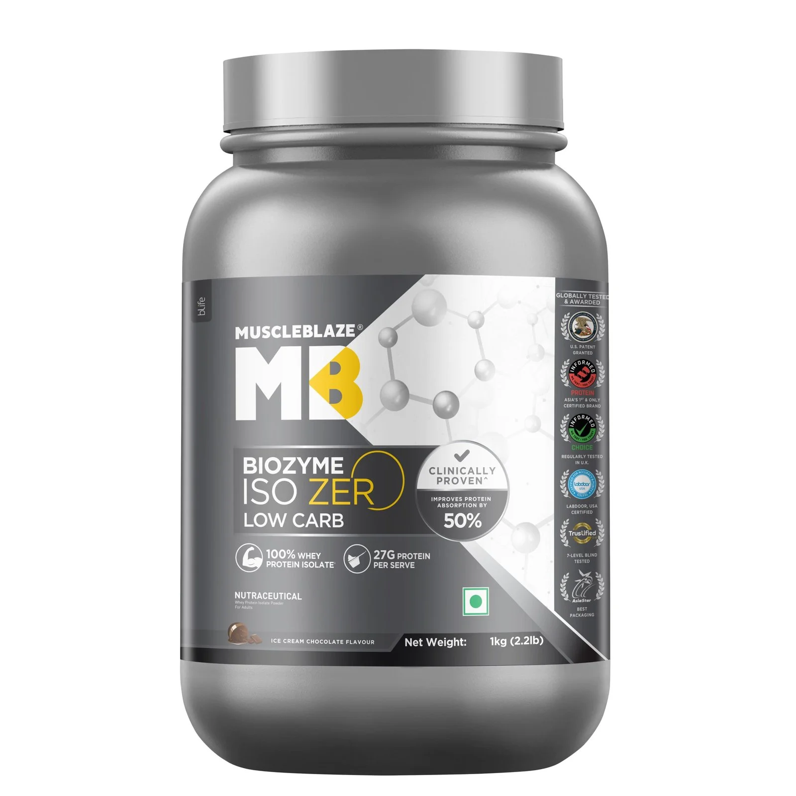 MuscleBlaze Biozyme Iso-Zero Low Carb | Ice Cream Chocolate | 1kg